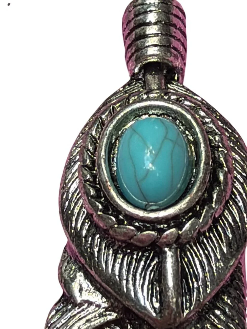Stainless Steel Feather Pendant Necklace Faux Turquoise Cabochon Biker 35.5